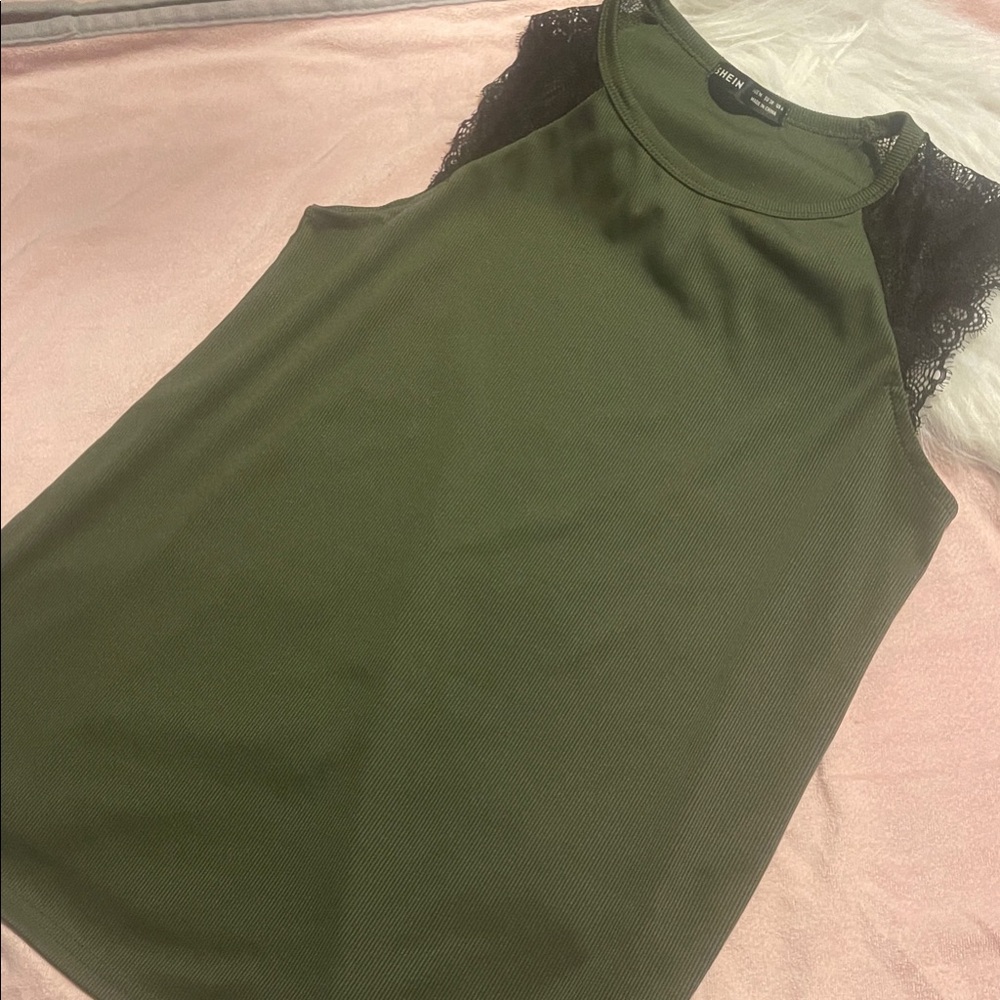 SHEIN Olive Green Tank Top with Black Lace Trim